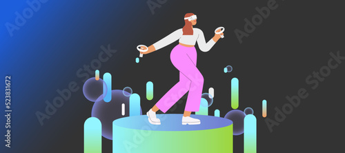 Metaverse entertainment. Flat vector illustration with woman wearing virtual reality glasses and VR headsets, interacting and exploring a virtual world. Concept of future innovations.