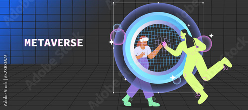 Metaverse entertainment. Flat vector illustration with woman wearing virtual reality glasses creating and interacting her digital avatar. Concept of future innovations.	
