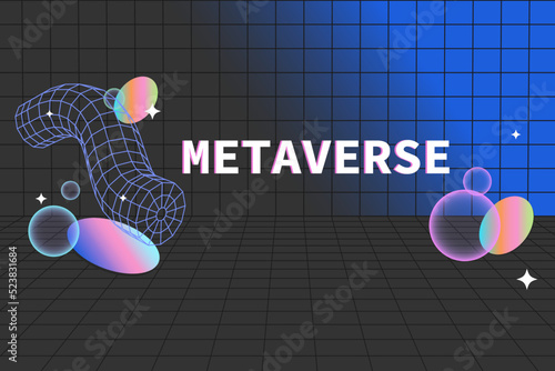 Metaverse. Flat vector background in vaporwave style and wireframe elements. Concept of virtual reality.	