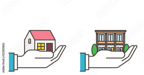Two palms with a house and an apartment on them and a copy space [Vector illustration].