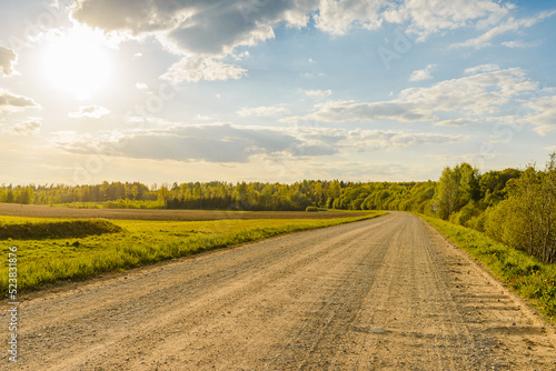 Empty Sandy country road near the forest fluffy clouds blue sky summer evening landscape.