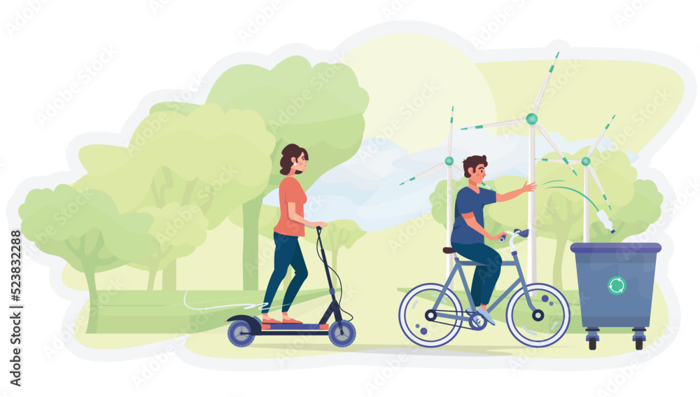 Man and woman driving eco friendly vehicles: scooter and bike. Recycling bin. Ecology concept. Eco friendly. Wind turbines. Renewable energy. Man and woman driving eco friendly vehicles: scooter and bike. Recycling bin. Ecology concept. Eco friendly. Wind turbines. Renewable energy.
