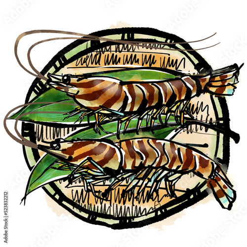 「車海老（くるまえび）」の手書きイラスト（筆書き墨絵風）