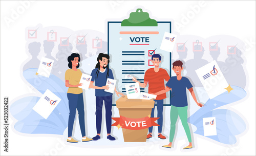 People voting at the elections. Group of voters with ballot papers making a choice. Electorate flat vector illustration. Referendum.