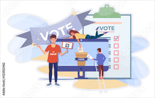 Online elections concept. Tiny people voting online. Ballot box, ballot paper. Vote online sign. Democracy. Electronic elections.