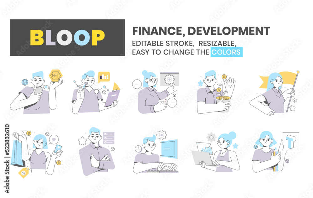 Finance and development related, bloop vector illustrations, concepts. Editable colors, up scalable.