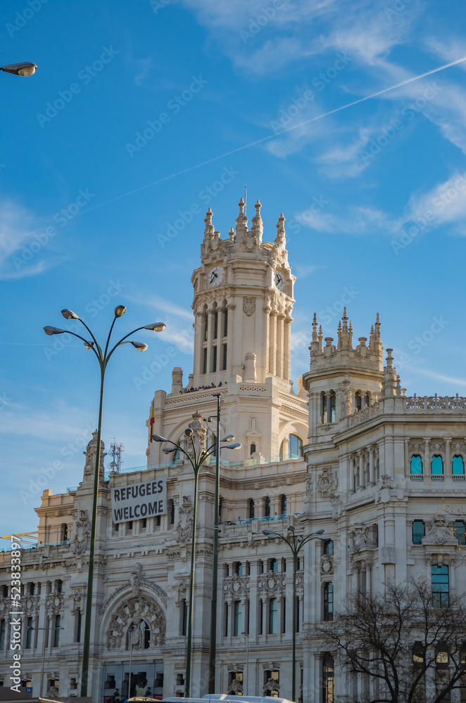 Fototapeta premium castle and clock tower in madrid spain europe