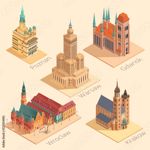 Polish cities isometric landmarks set, vector illustration