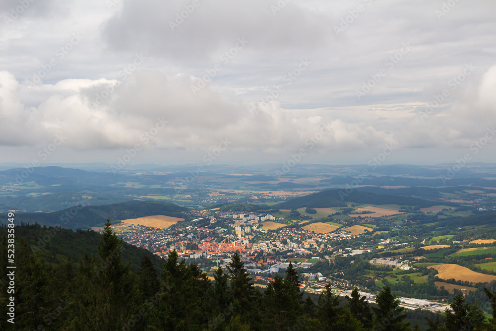 Prachatice from watchtower Libin. Czech old famous city at moody weather