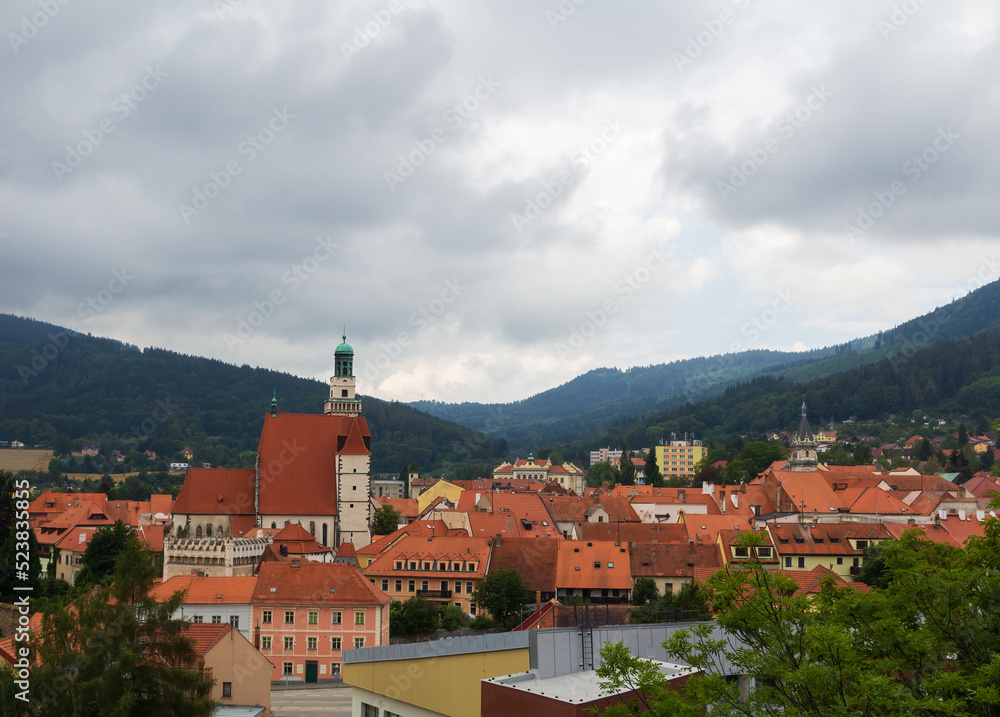 Prachatice rooftop from Zizka rock. Czech old famous city at moody weather