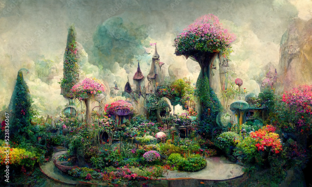 Obraz premium surreal fantasy dreamland garden, lush vegetation, digital ilustration