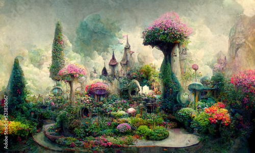 surreal fantasy dreamland garden, lush vegetation, digital ilustration