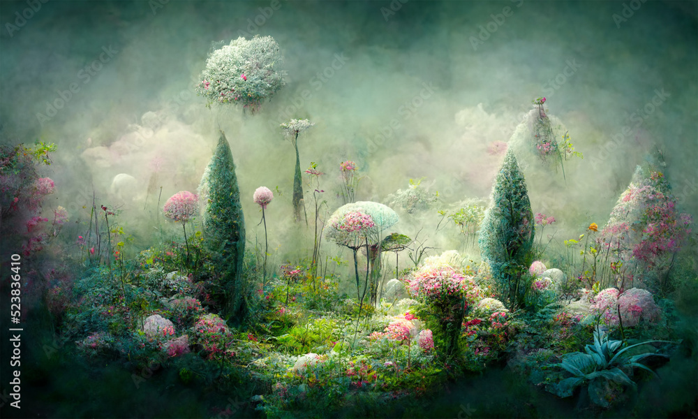 Naklejka premium dreamy surreal fantasy landscape , lush vegetation and flowers, pastel colours, desaturated, digital illustration