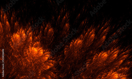 Abstract fiery floral pattern of red glowing flames, clouds or clusters of buds in deep dark space. Mysterious 3d field of fairy fantasy. Great for design as texture, print, decoration, cover. 