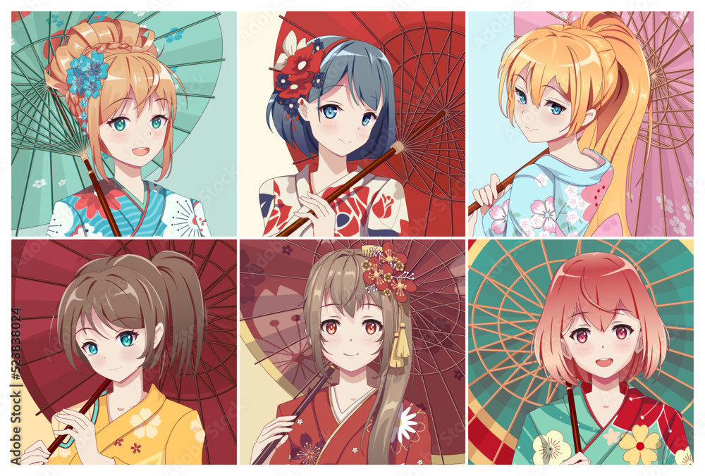 Anime portraits girl avatar set. Kimono and umbrella Anime portraits girl avatar set. Kimono and umbrella