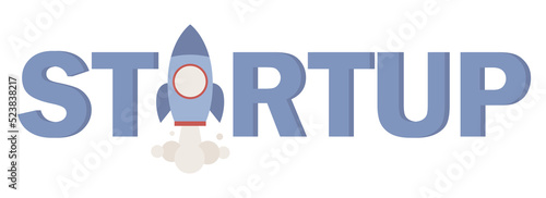 Startup word with rocket symbol. Business startup launching concept. Vector flat illustration 