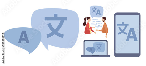 Translation icon set. Chat bubbles with language translation. Online translator in smartphone app or laptop. People multilanguage comunication. Linguist. Vector flat illustration 