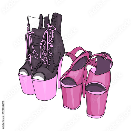 Isolated vector illustration of shoes, boots with high heels. Dance shoes for strip plastic, exotic, strip as a logo, a blank for a designer icon
