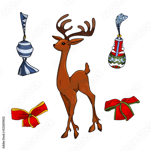 A set of a Christmas deer, Christmas tree decorations, dissatisfied bows. New Year set as a blank for a designer, logo, icon