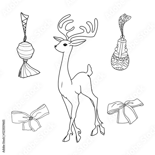A set of a Christmas deer, Christmas tree decorations, dissatisfied bows. New Year set as a blank for a designer, logo, icon