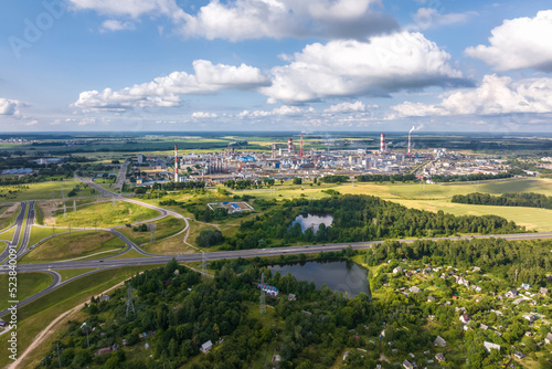 aerial view on pipes of chemical enterprise plant. Air pollution concept. Industrial landscape environmental pollution waste of thermal power plant