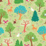 Whimsical forest scene of cute and playful woodland animals in a seamless repeating vector pattern