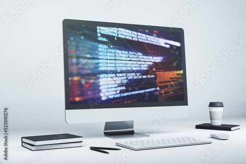 Abstract creative coding illustration on modern computer monitor, software development concept. 3D Rendering