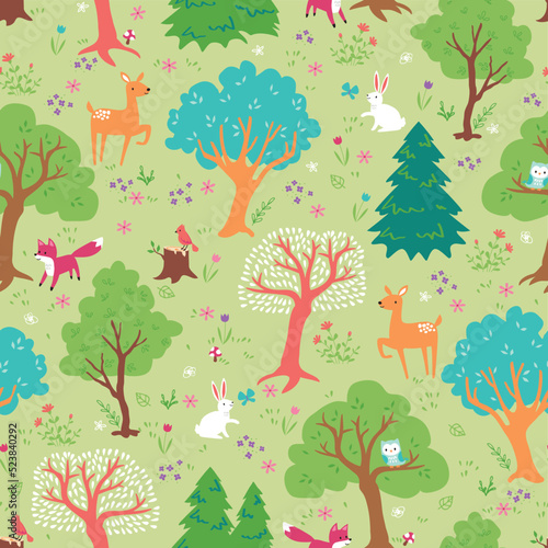 Whimsical forest scene of cute and playful woodland animals in a seamless repeating vector pattern