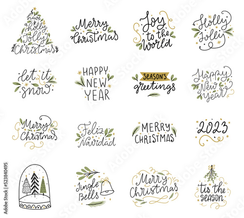 Set of line art Christmas holidays hand written lettering typography phrase, hand drawn quotes for banner, poster, card design.