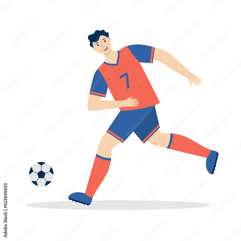 Soccer player kicking ball. Football man in action isolated white background. Front view. Colorful vector illustration