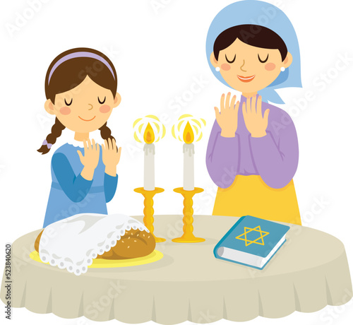 Fototapet Jewish mother and daughter blessing for the candles on Shabbat (Saturday eve)