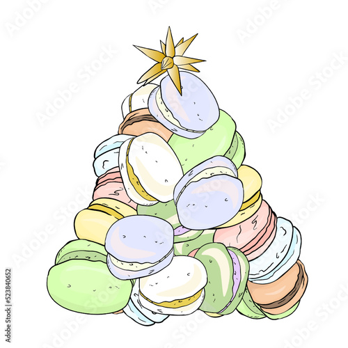 Isolated illustration of macarons in the form of a Christmas tree. Christmas cupcakes in the shape of a Christmas tree and stars as a blank for a designer. logo, icon
