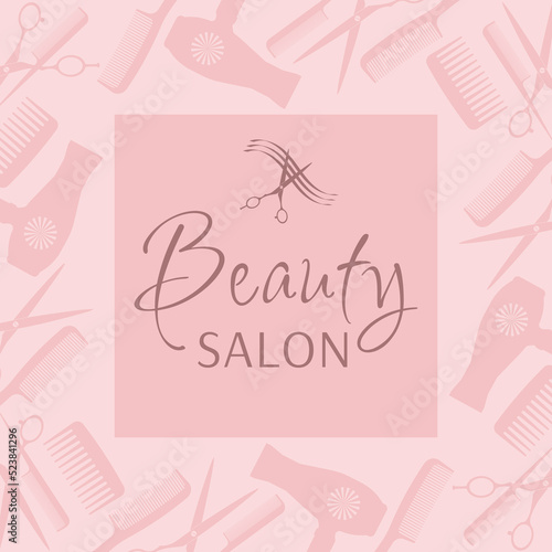 Background with scissors, combs, hair dryer. Design for beauty salon and hairdresser.
