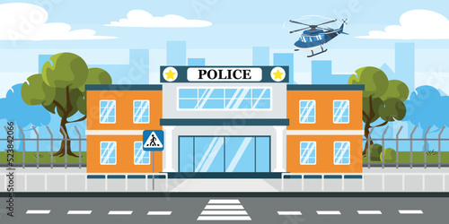 Fototapeta Naklejka Na Ścianę i Meble -  Vector illustration of modern police station. Cartoon urban buildings with landing helicopters, fences, trees and a city in the background.