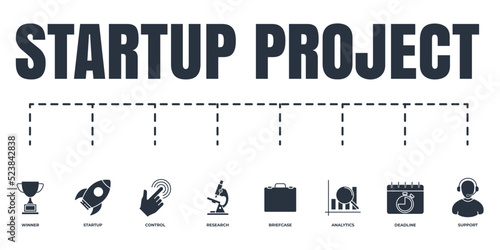 Startup project and development banner web icon set. startup rocket, support, briefcase, research microscope, winner trophy, analytics, control, deadline vector illustration concept.