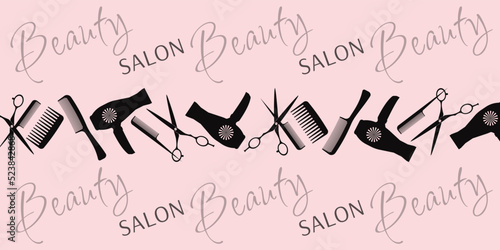 Background with scissors, combs, hair dryer. Design for beauty salon and hairdresser.