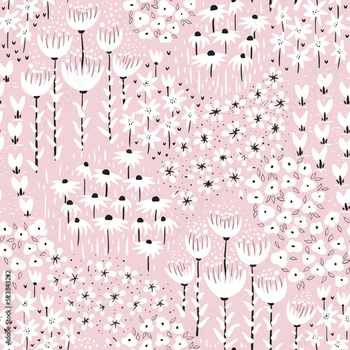 Vector seamless pattern background with hand drawn flowers on pink background