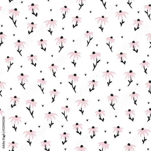 Vector seamless pattern background with bold hand drawn echinacea flowers.