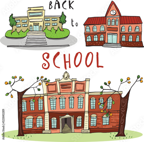 back to school: funny illustrations of three types of schools, modern and retro, spring and autumn for elementary, middle, high school