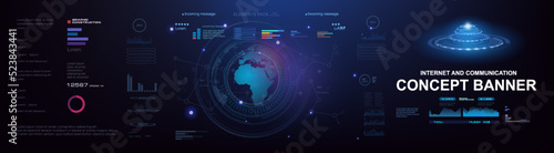 Concept banner with HUD elements. Planet earth on futuristic cyber background. Process of exchanging information and data through the global Internet. Advanced internet technologies and communications