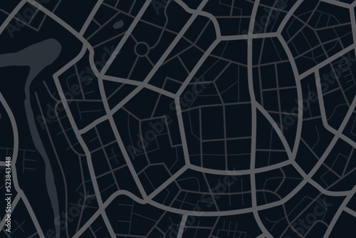 Aerial clean top view of the night time city map with street and river 001