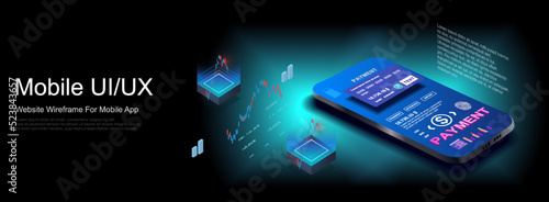 Mobile phone with a bank card on the screen. Online banking. Mobile application for payment. Mobile phone in axonometric projection with a bank card. Online payment
