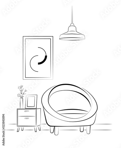 linear drawing of an armchair and a table with a vase with a plant. Scandinavian stylish furniture in a simple linear style. Doodle vector illustration