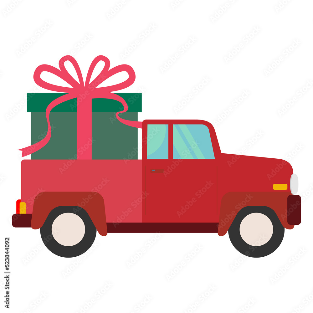 Red truck carrying Christmas giftbox Red truck carrying Christmas giftbox