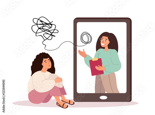 Woman on psychologist online session.Woman talks about her problems to a therapist through a video call.The psychologist records the client complaints and helps to understand the situation.Vector Flat