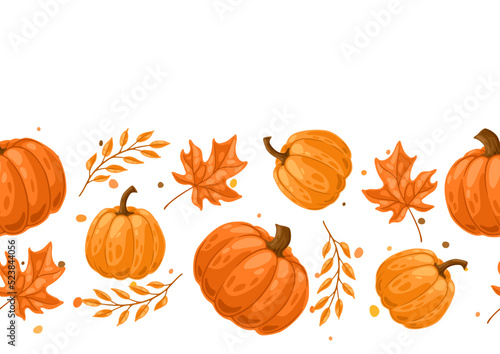 Seamless pattern with pumpkins and leaves. Decorative image of autumn vegetable and plant.