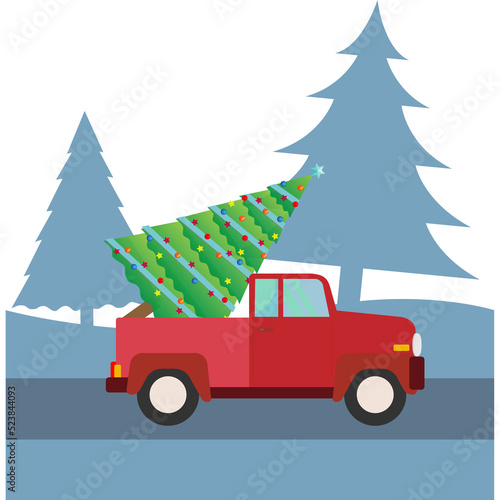 Red truck carrying Christmas tree