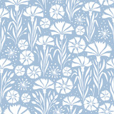 Vector seamless pattern background with hand drawn cornflowers on baby blue background