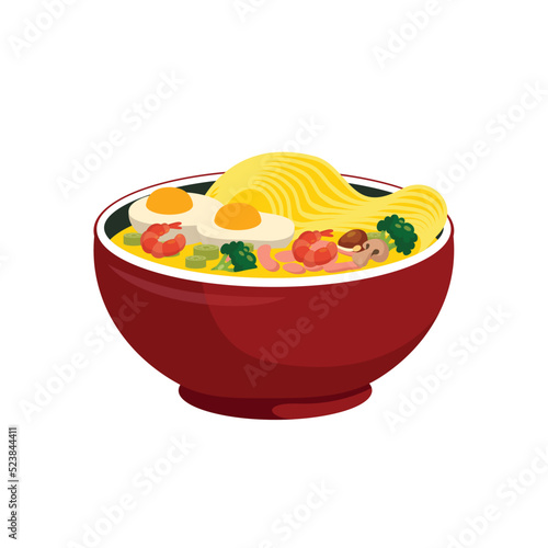 Illustration vector flat cartoon isolated food. Japanese noodles Chashu slice ramen bowl with chopsticks,miso soup ,egg boiled,grilled nori,ferment,leek,bamboo shoot on table