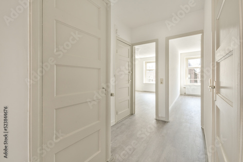 Vászonkép Interior of empty white kitchen with corridor and wooden parquet floor